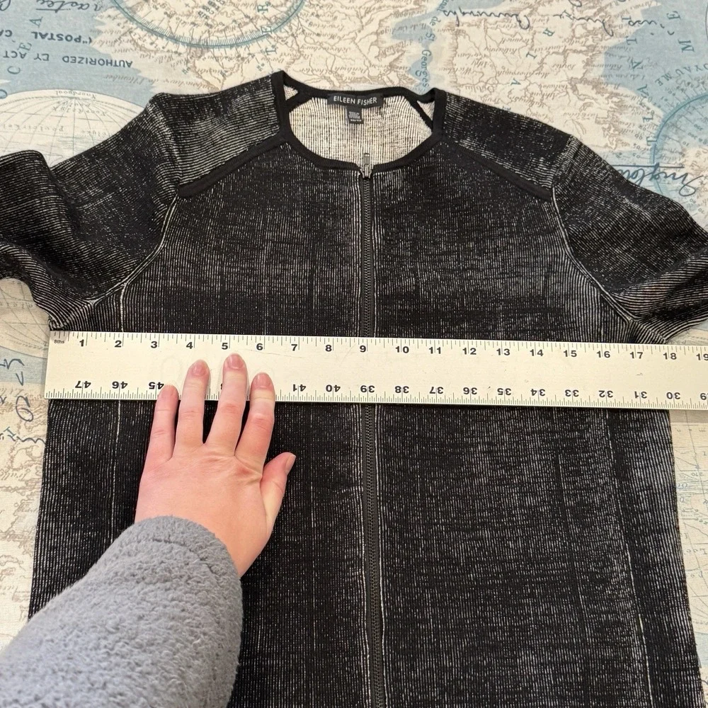Eileen Fisher Black White Marled Knit Full Zip Collarless Jacket XS Professional
